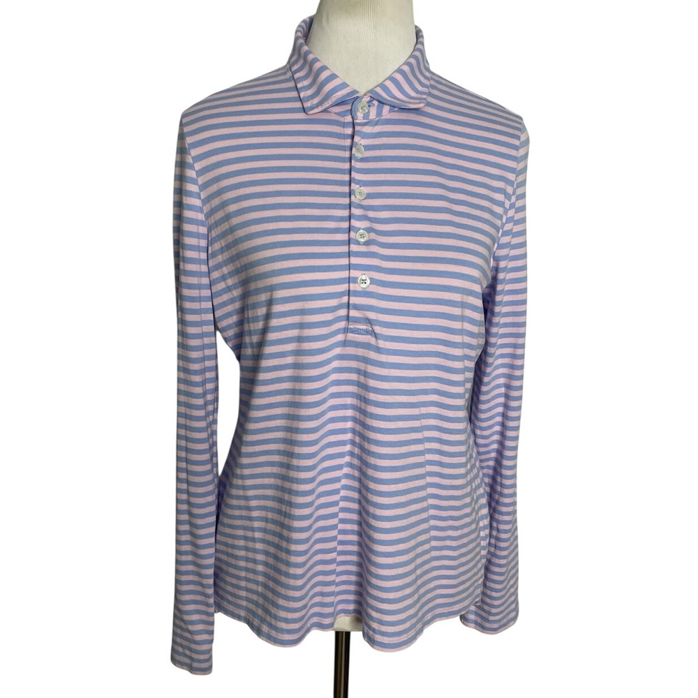 Renwick Long Sleeve Polo Shirt Blue/Pink Striped | 100% Cotton | Size M